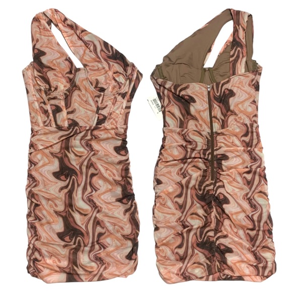 🛍️ BLANC Brown Marble Print One-Shoulder Ruched Mesh Mini Dress - Size S - Picture 2 of 10